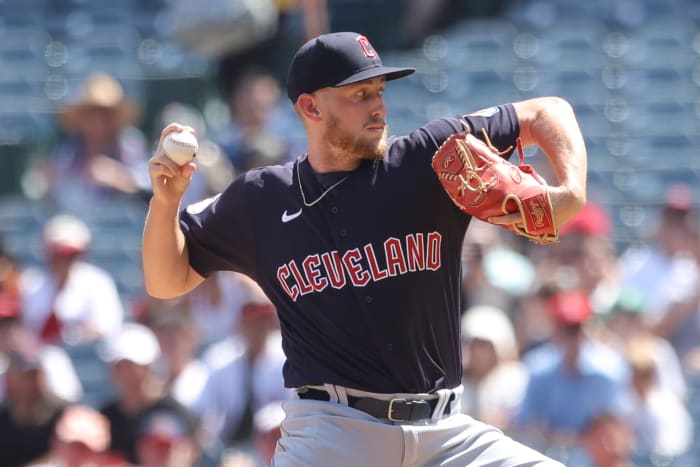 Sep 10, 2023; Anaheim, California, USA; Cleveland Guardians starting pitcher Tanner Bibee (61) throws to a Los Angeles Angels batter during the first inning of a game at Angel Stadium.